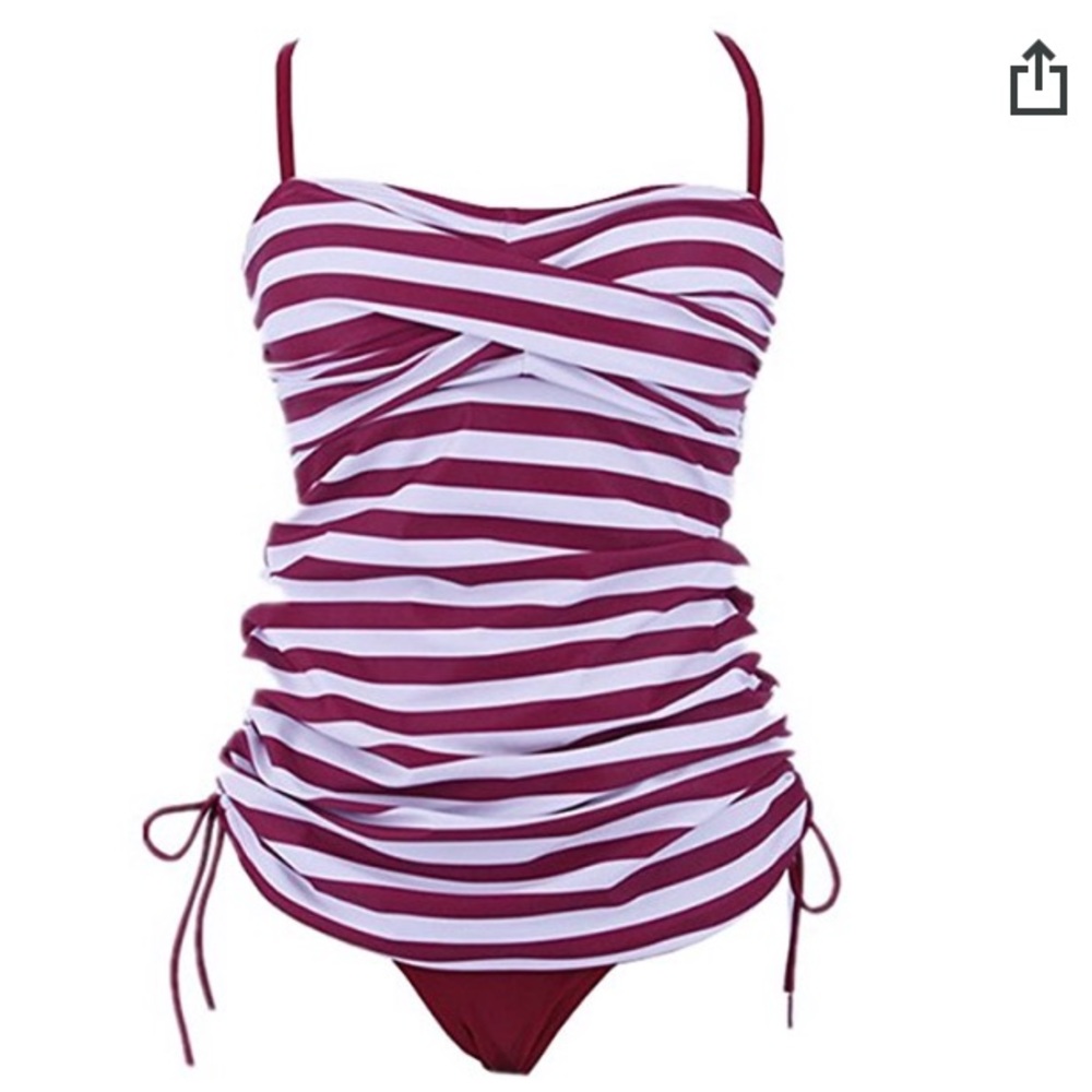 Womens SherryDC size Small Retro Printed Twist Bandeau Tankini Red Striped